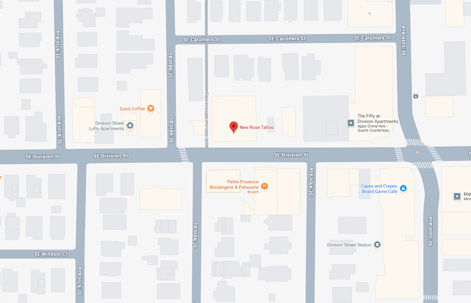 Map showing New Rose Tattoo's location at 4823 SE Division St, Portland, Oregon